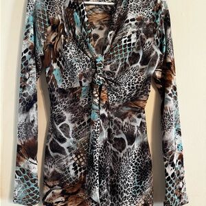 Karen Kane Animal Print Blouse in Brown and Blue